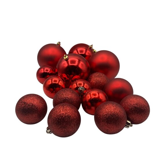 Red Shatterproof Christmas Ornaments Set Of 15 Glossy & Glitter Finish - Picture 1 of 6